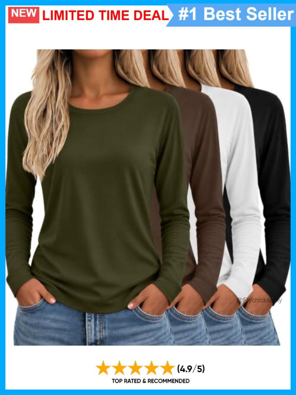4 Pack Women's Cotton Boat Neck Long Sleeve T-Shirts Loose Fit